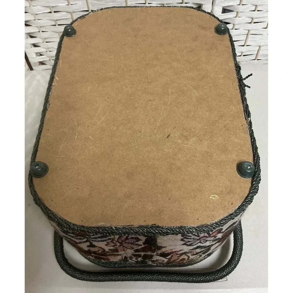 Vintage 1970s AZAR Floral Tapestry Sewing Basket Green Handles Full‎ Threads